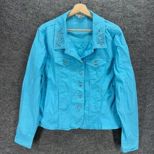 Isaac's Designs Jacket Women L Large Blue Button Up Collared Long Sleeve Cotton